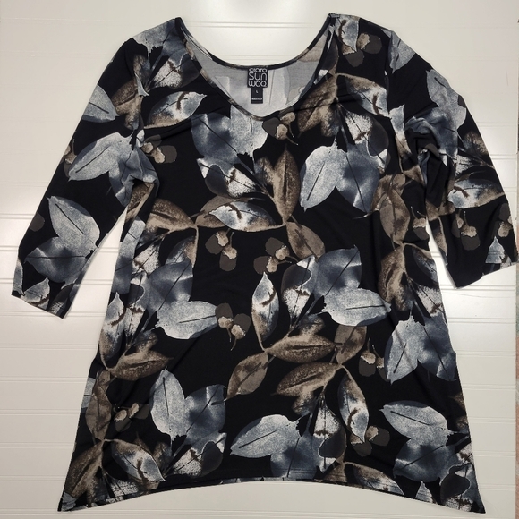 Clara Sun Woo Top Tunic 3/4 Sleeve Scoop Neck Slit Side Leaves Size Large - Picture 2 of 7